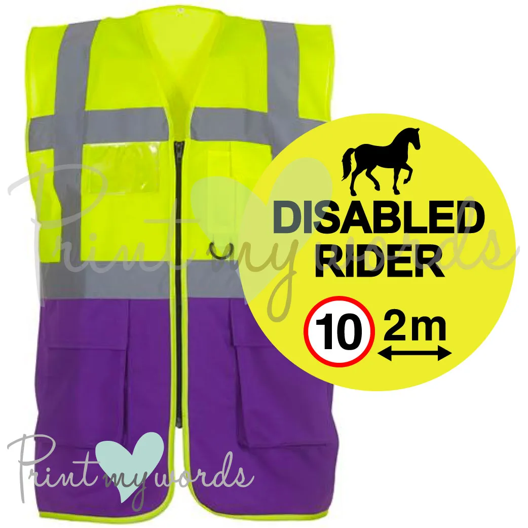 High Visibility Hi Vis Equestrian Reflective Vest Tabard Waistcoat DISABLED RIDER, 10MPH 2M hi-viz