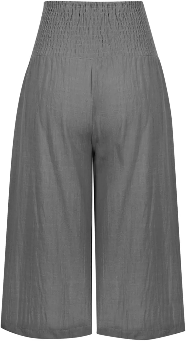 High Waisted Capri Pants for Women Casual Summer Wide Leg Cotton Linen Pant Beach Cropped Trousers Resort Wear