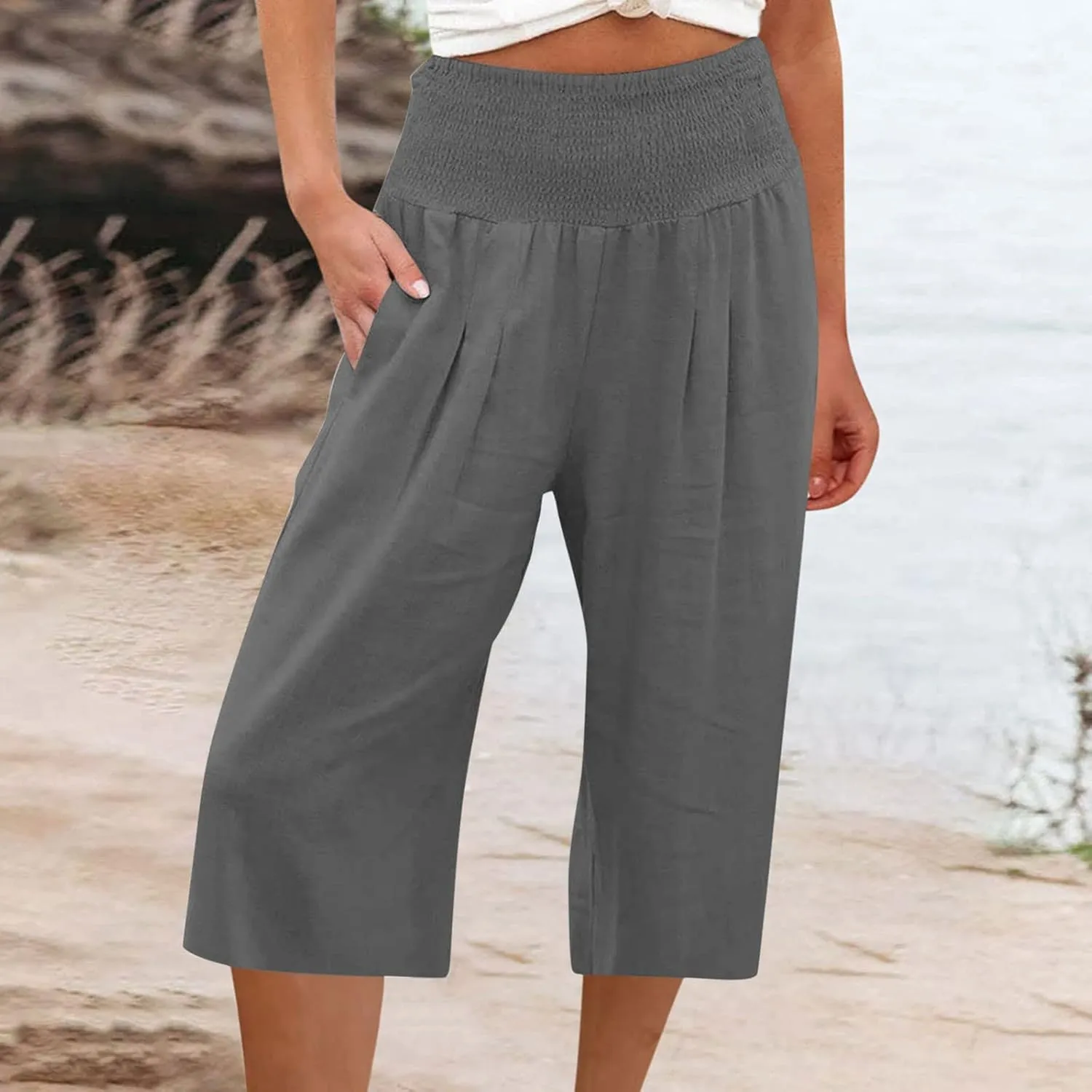 High Waisted Capri Pants for Women Casual Summer Wide Leg Cotton Linen Pant Beach Cropped Trousers Resort Wear