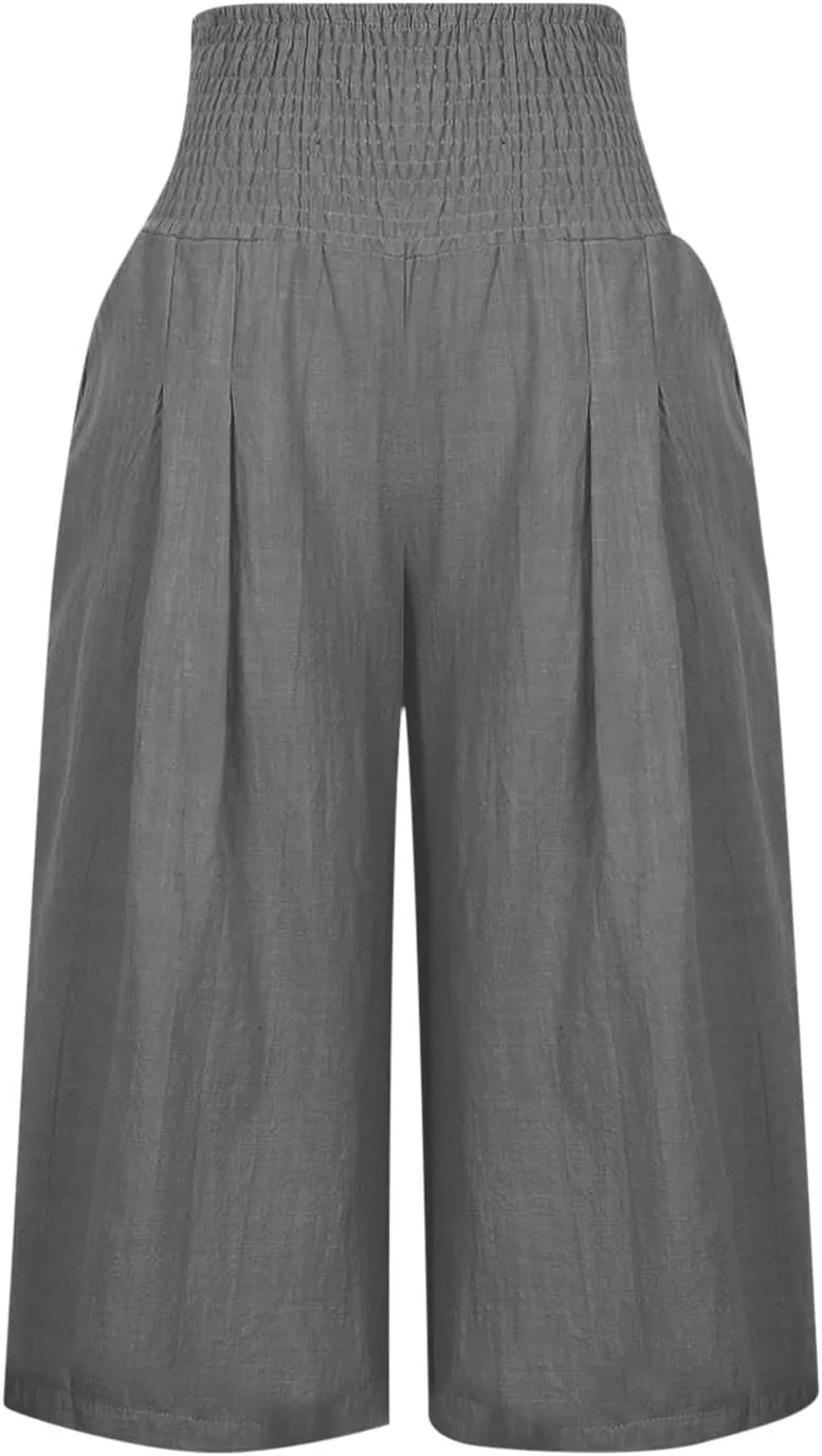 High Waisted Capri Pants for Women Casual Summer Wide Leg Cotton Linen Pant Beach Cropped Trousers Resort Wear