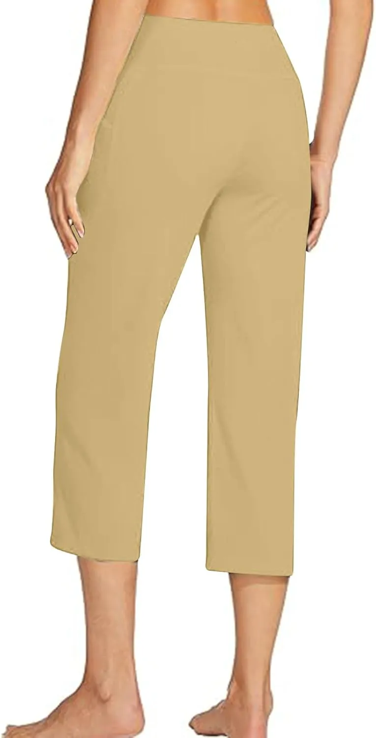 hlysgo Women's Yoga Capris Pants High Waist Leggings Crossover Straight Leg Crop Trousers Summer Workout Capris with Pockets