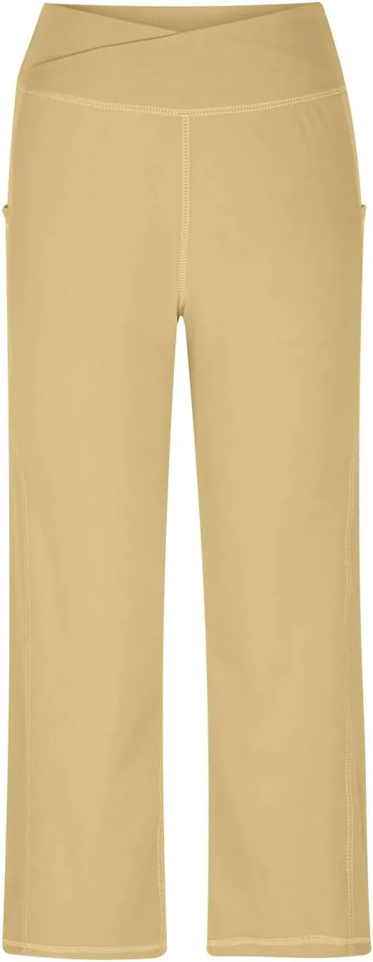 hlysgo Women's Yoga Capris Pants High Waist Leggings Crossover Straight Leg Crop Trousers Summer Workout Capris with Pockets