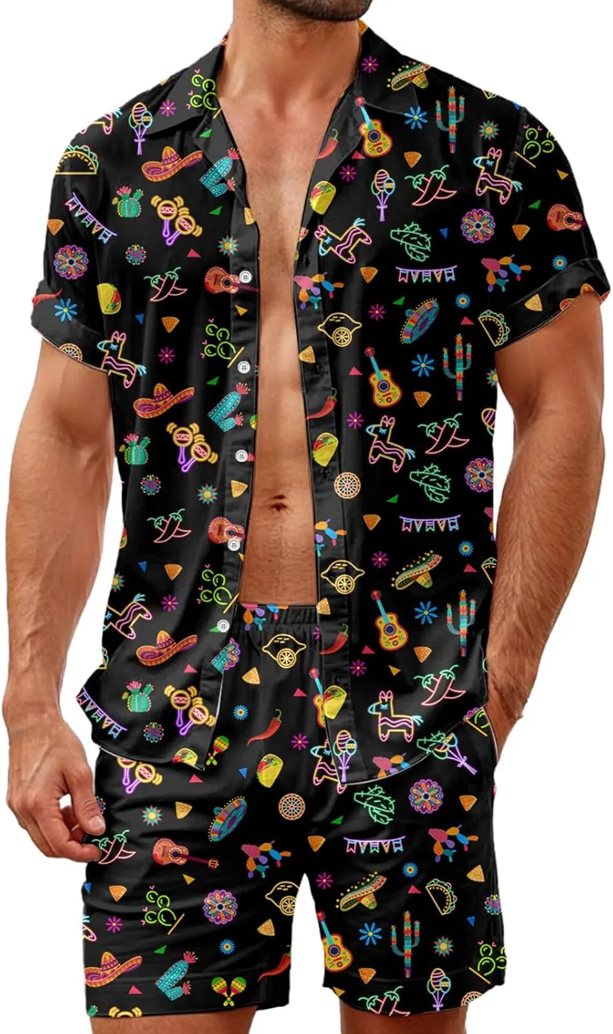 HUGLAZY Mens 2 Piece Outfit Summer Shirts Short Sleeve Hawaiian Shirt And Shorts Beach Outfits Party Disco