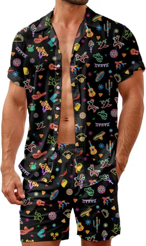 HUGLAZY Mens 2 Piece Outfit Summer Shirts Short Sleeve Hawaiian Shirt And Shorts Beach Outfits Party Disco