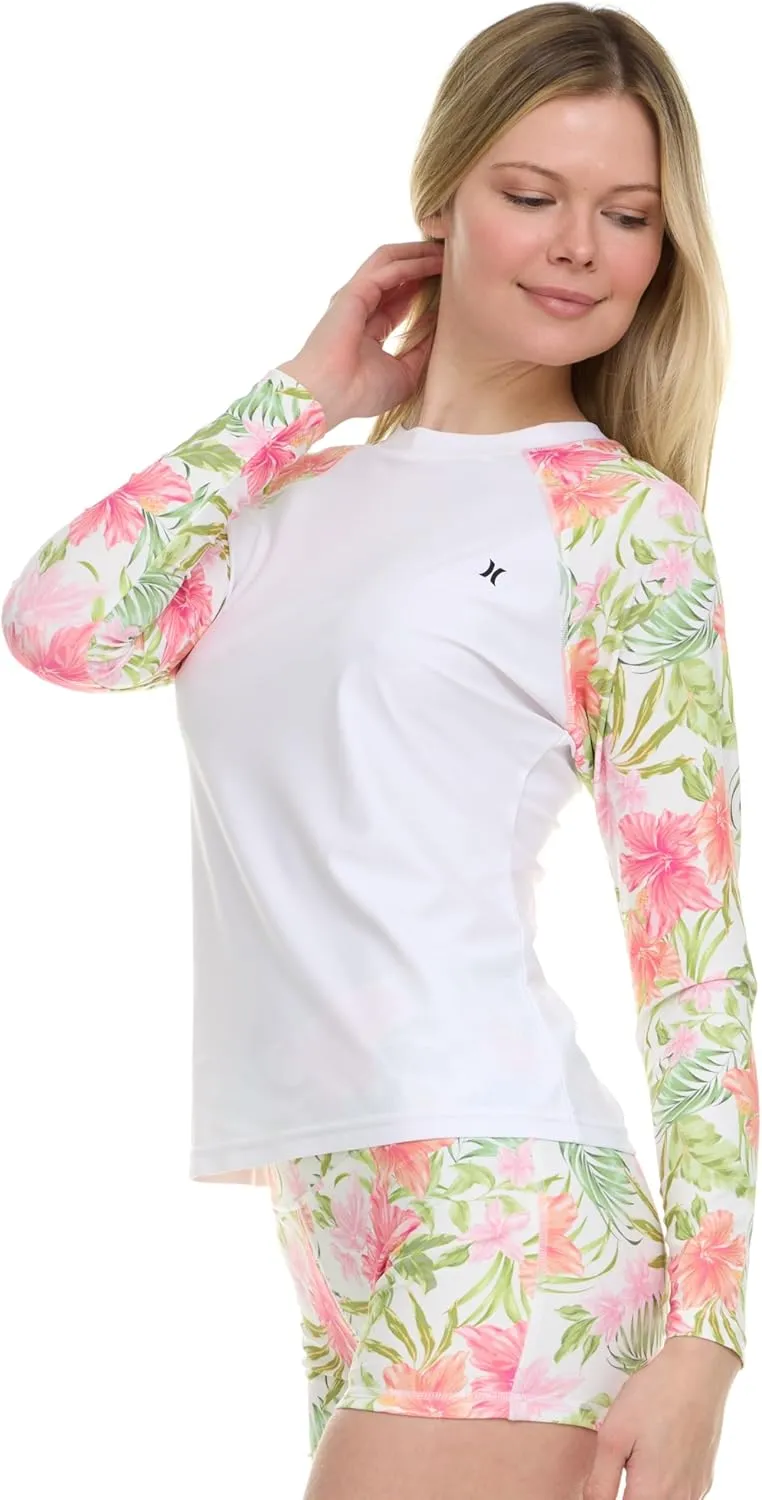 Hurley Womens Two Piece Rash Guard & Swim Shorts, Long Sleeve Swim Shirt, Quick Dry Swimsuits UPF 50  SPF Sun & UV Protection