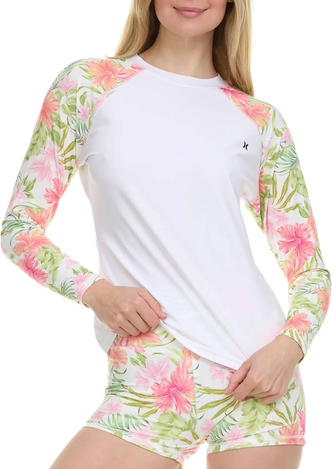 Hurley Womens Two Piece Rash Guard & Swim Shorts, Long Sleeve Swim Shirt, Quick Dry Swimsuits UPF 50  SPF Sun & UV Protection