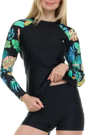 Hurley Womens Two Piece Rash Guard & Swim Shorts, Long Sleeve Swim Shirt, Quick Dry Swimsuits UPF 50  SPF Sun & UV Protection