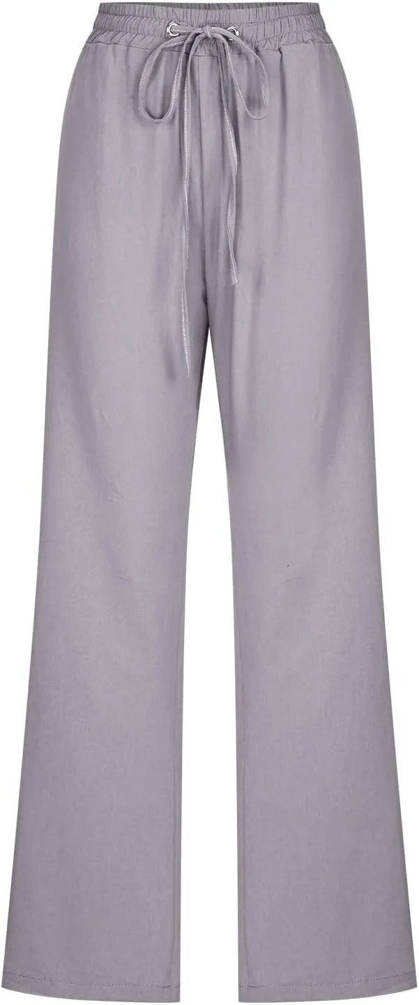 Hvyesh Womens Casual Cotton Linen Pants Lightweight Summer Relax Fit Elastic Waist Straight Leg Solid Lounge Long Trousers