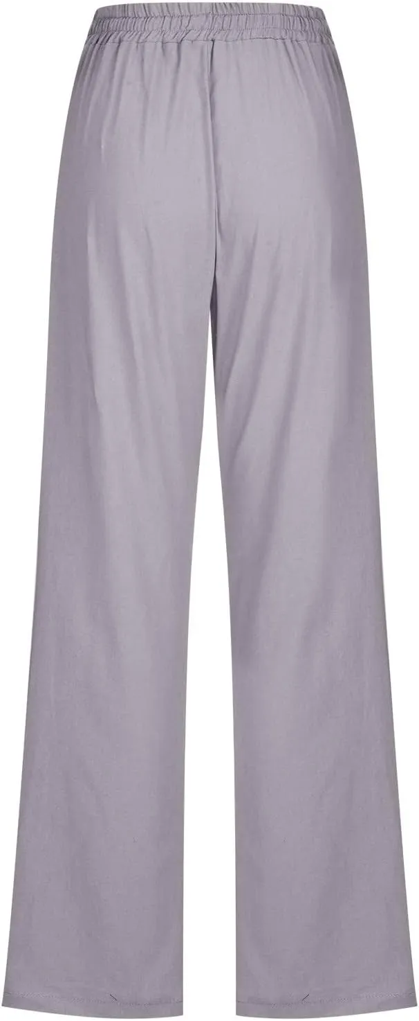 Hvyesh Womens Casual Cotton Linen Pants Lightweight Summer Relax Fit Elastic Waist Straight Leg Solid Lounge Long Trousers