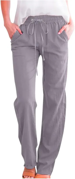 Hvyesh Womens Casual Cotton Linen Pants Lightweight Summer Relax Fit Elastic Waist Straight Leg Solid Lounge Long Trousers