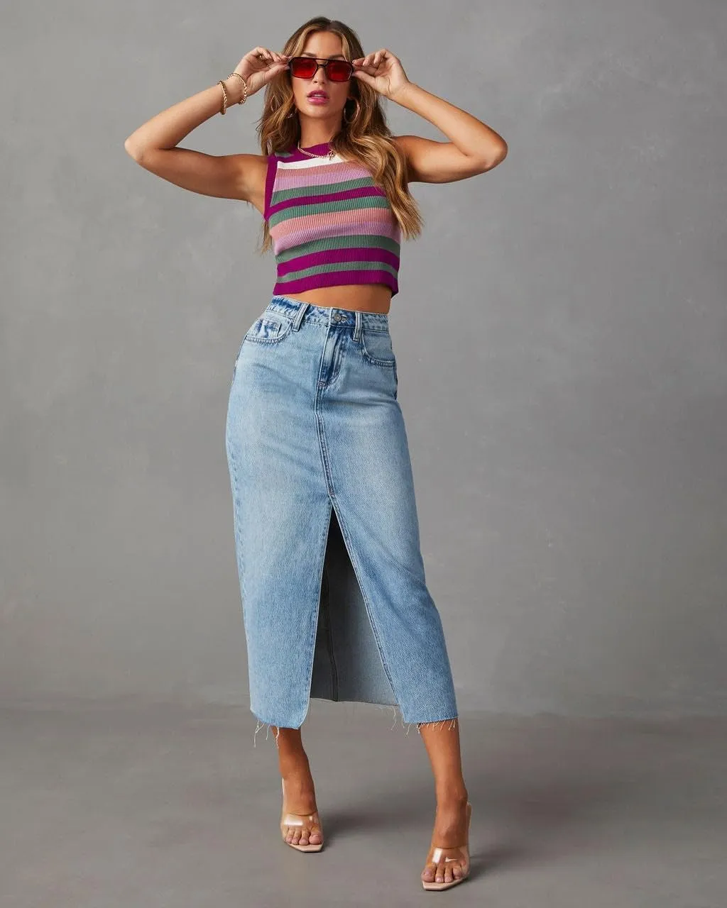 Jean Skirts for Women Denim High Waisted Slit Casual Long Skirt with Pockets