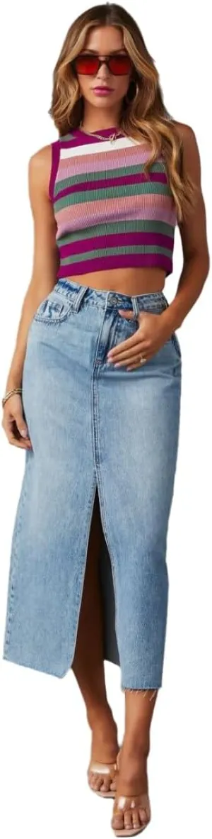 Jean Skirts for Women Denim High Waisted Slit Casual Long Skirt with Pockets