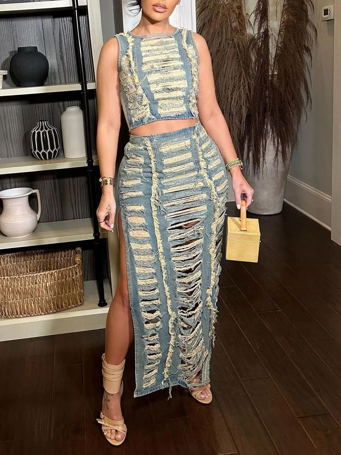 KANSOON Skirt Sets Women 2 Piece Outfits Denim Ripped Distressed Sleeveless Crop Tank Tops and Split Maxi Skirt Set