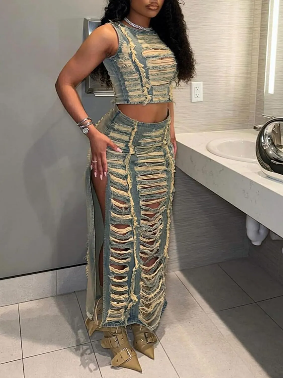 KANSOON Skirt Sets Women 2 Piece Outfits Denim Ripped Distressed Sleeveless Crop Tank Tops and Split Maxi Skirt Set