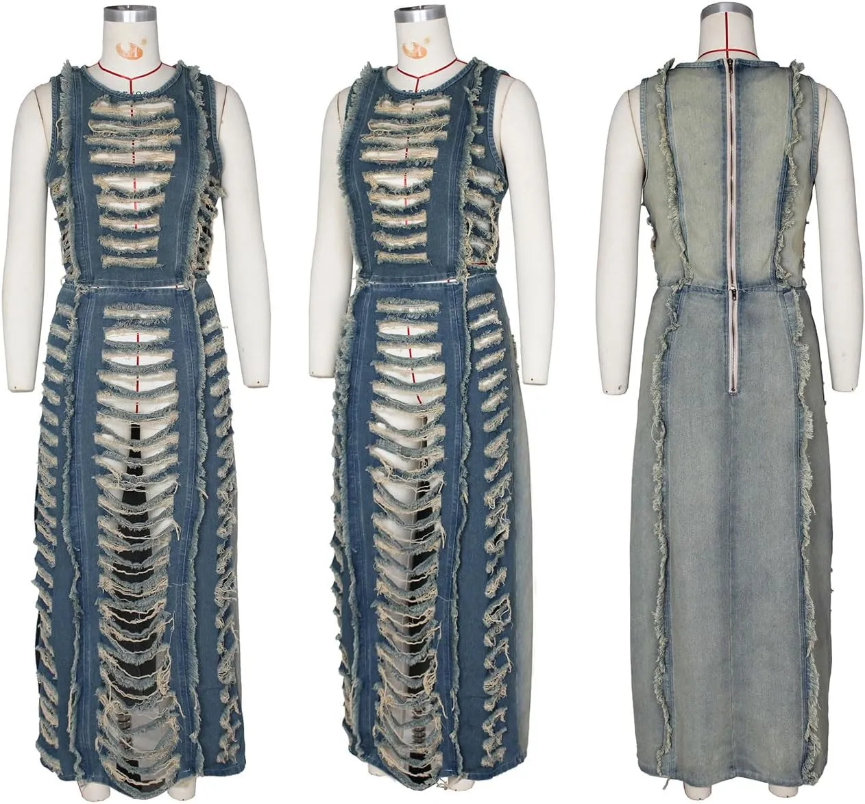 KANSOON Skirt Sets Women 2 Piece Outfits Denim Ripped Distressed Sleeveless Crop Tank Tops and Split Maxi Skirt Set