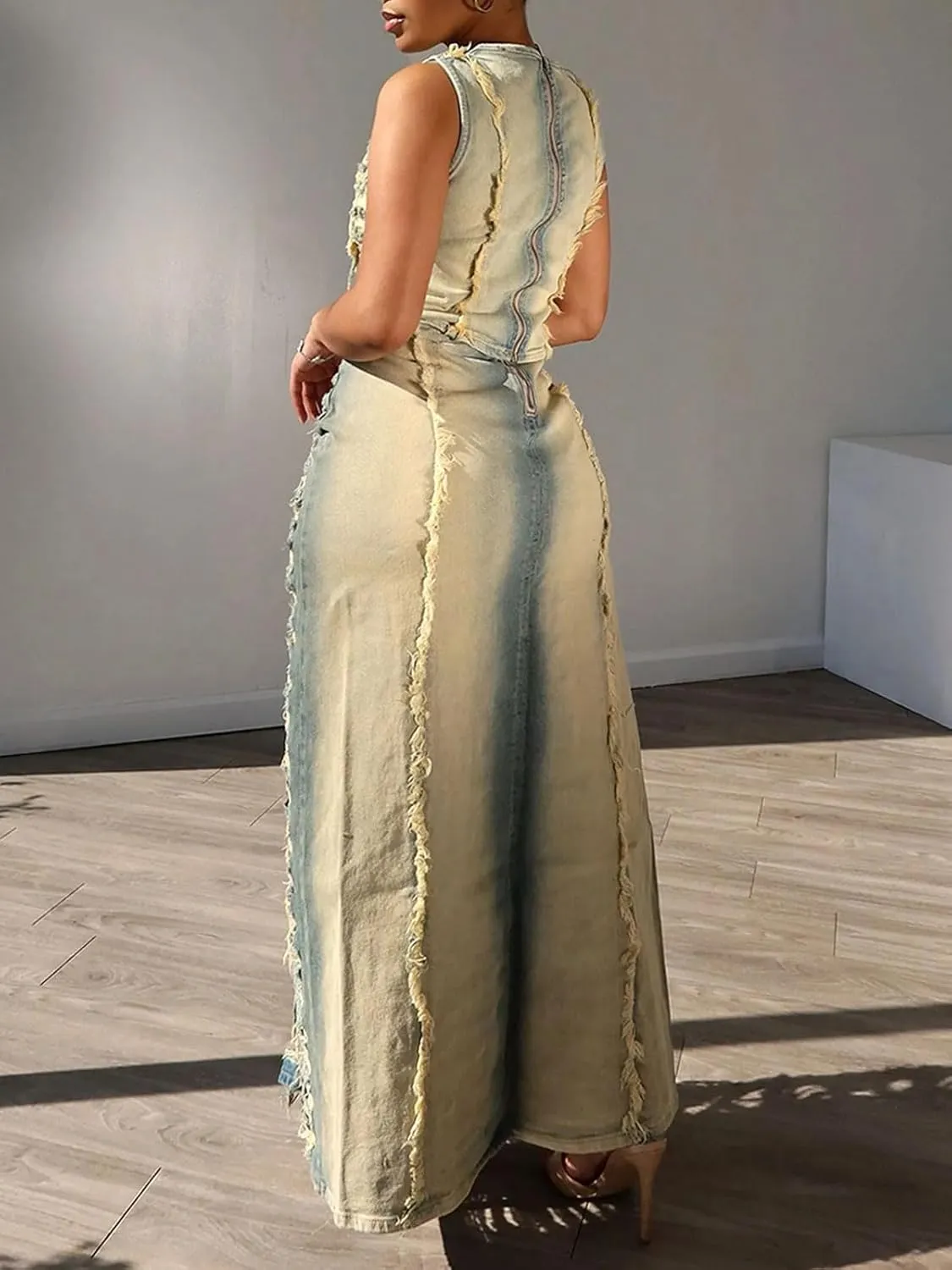 KANSOON Skirt Sets Women 2 Piece Outfits Denim Ripped Distressed Sleeveless Crop Tank Tops and Split Maxi Skirt Set