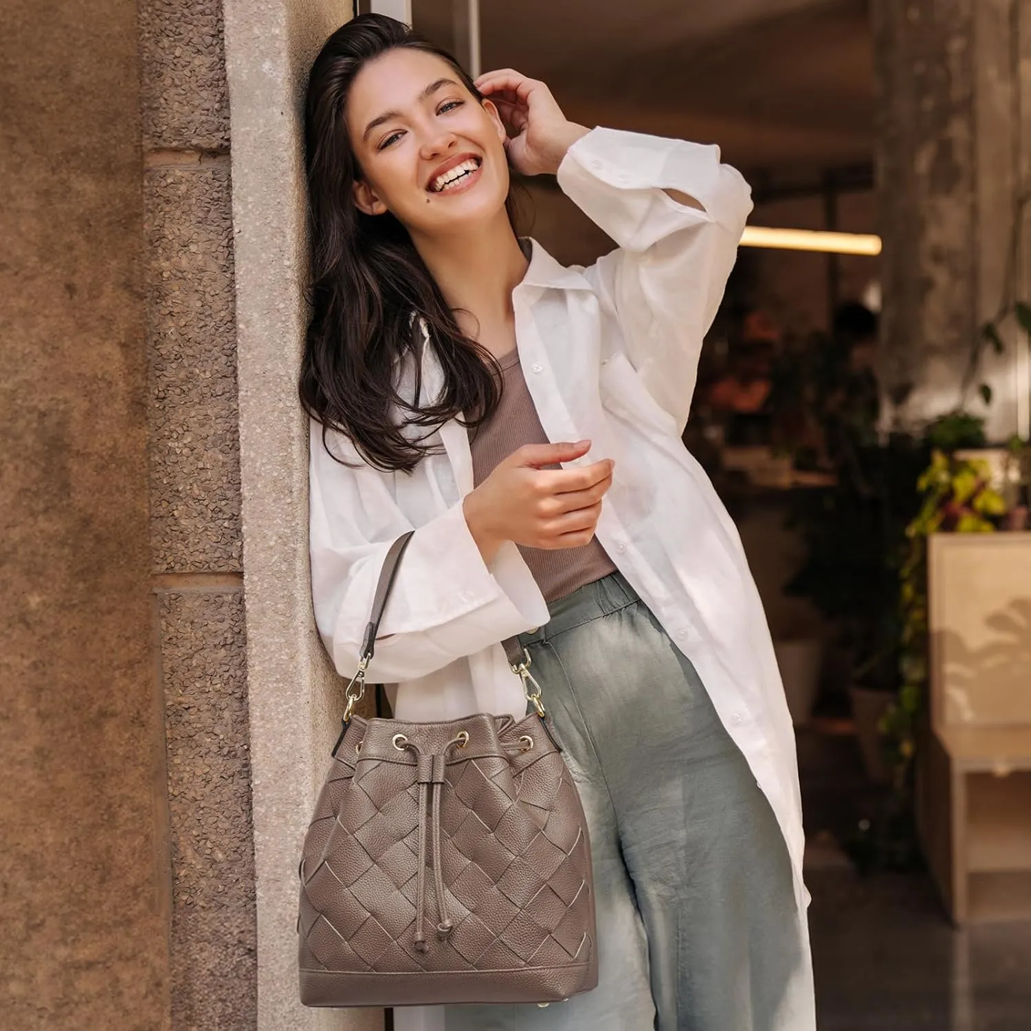 Kattee Woven Leather Bucket Bags for Women, Drawstring Crossbody Hobo Purses and Shoulder Handbags with 2 Straps