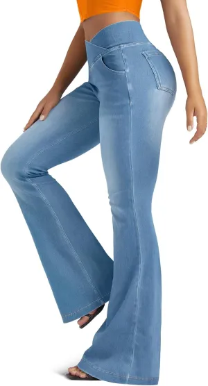 Knit Stretchy Jean Leggings for Women with Crossover High Waisted Bell Bottom Yoga Pants Flare Leggings with Pockets Light Blue