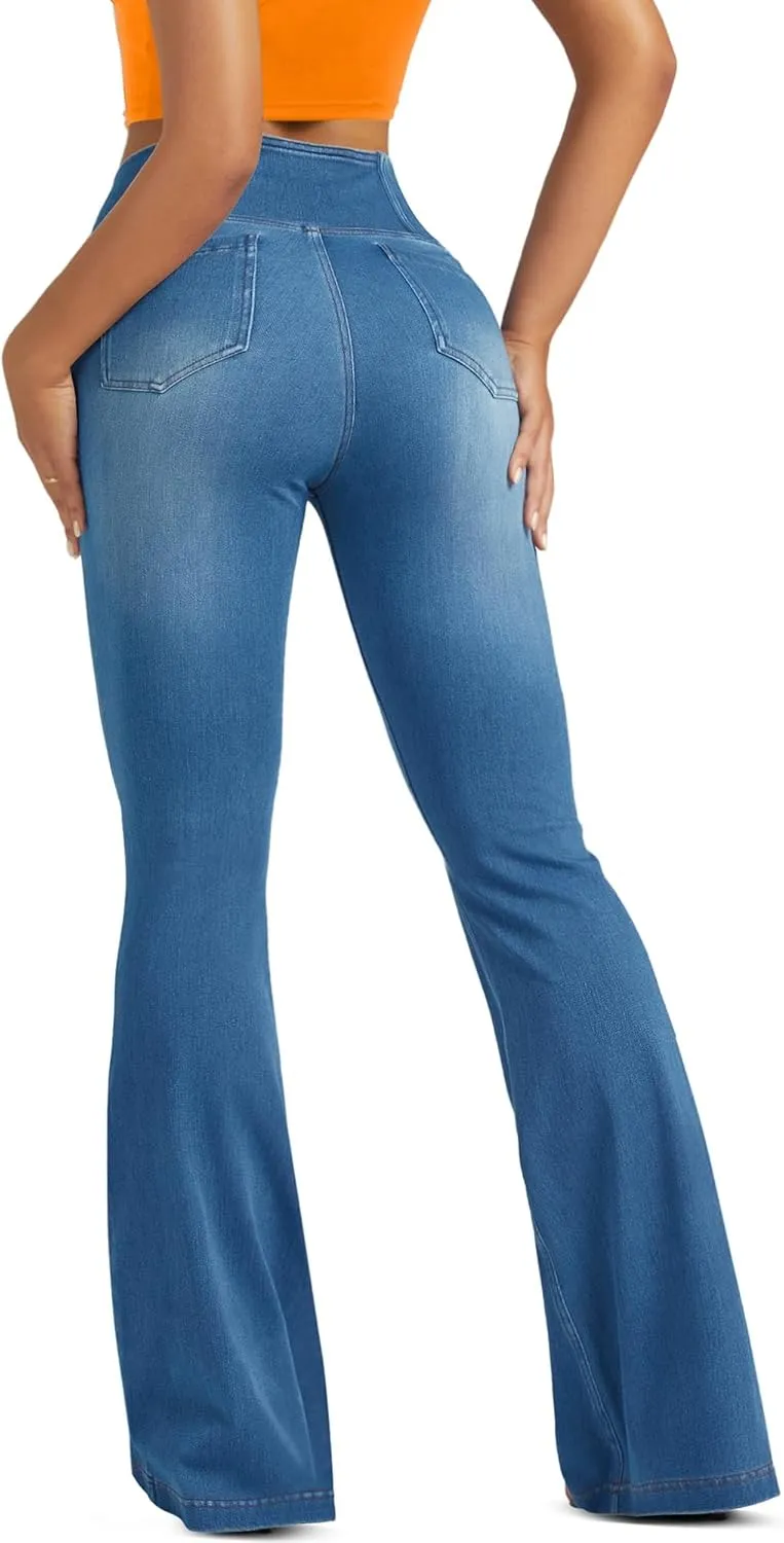 Knit Stretchy Jean Leggings for Women with Crossover High Waisted Bell Bottom Yoga Pants Flare Leggings with Pockets