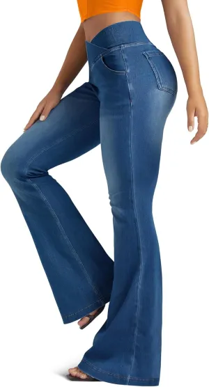 Knit Stretchy Jean Leggings for Women with Crossover High Waisted Bell Bottom Yoga Pants Flare Leggings with Pockets