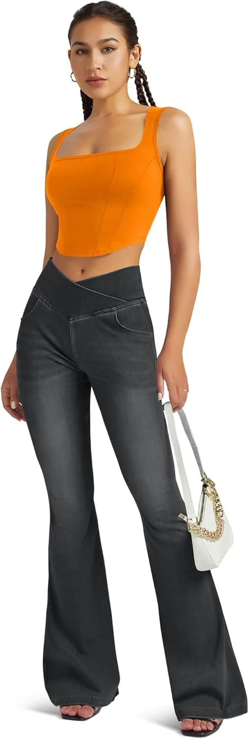 Knit Stretchy Jean Leggings for Women with Crossover High Waisted Bell Bottom Yoga Pants Flare Leggings with Pockets