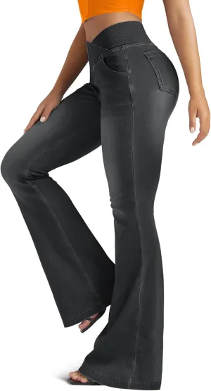 Knit Stretchy Jean Leggings for Women with Crossover High Waisted Bell Bottom Yoga Pants Flare Leggings with Pockets