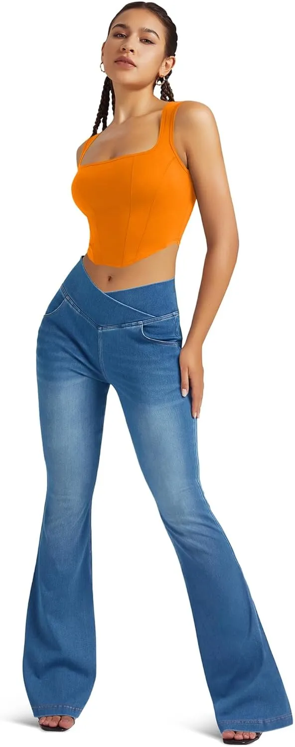 Knit Stretchy Jean Leggings for Women with Crossover High Waisted Bell Bottom Yoga Pants Flare Leggings with Pockets