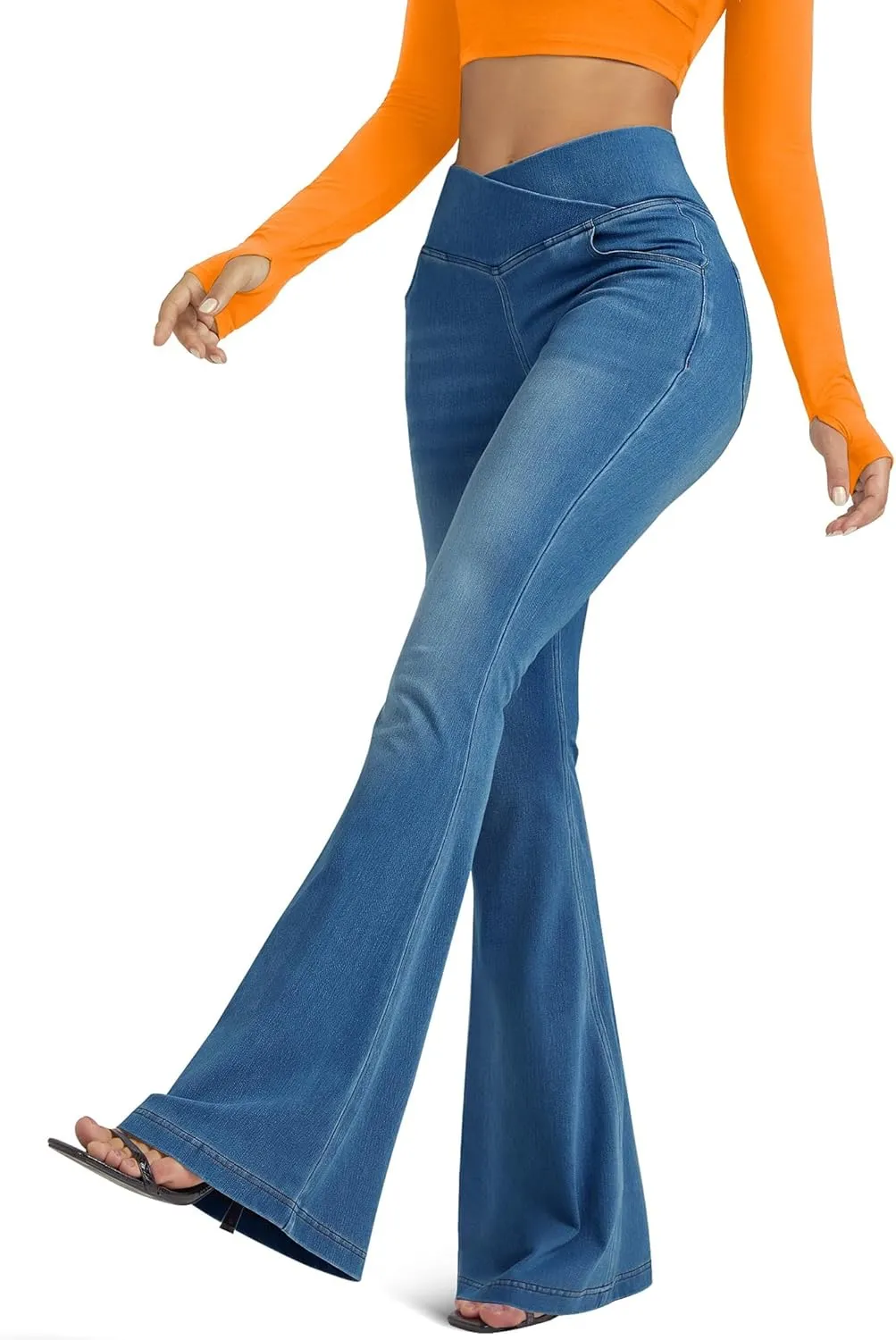 Knit Stretchy Jean Leggings for Women with Crossover High Waisted Bell Bottom Yoga Pants Flare Leggings with Pockets
