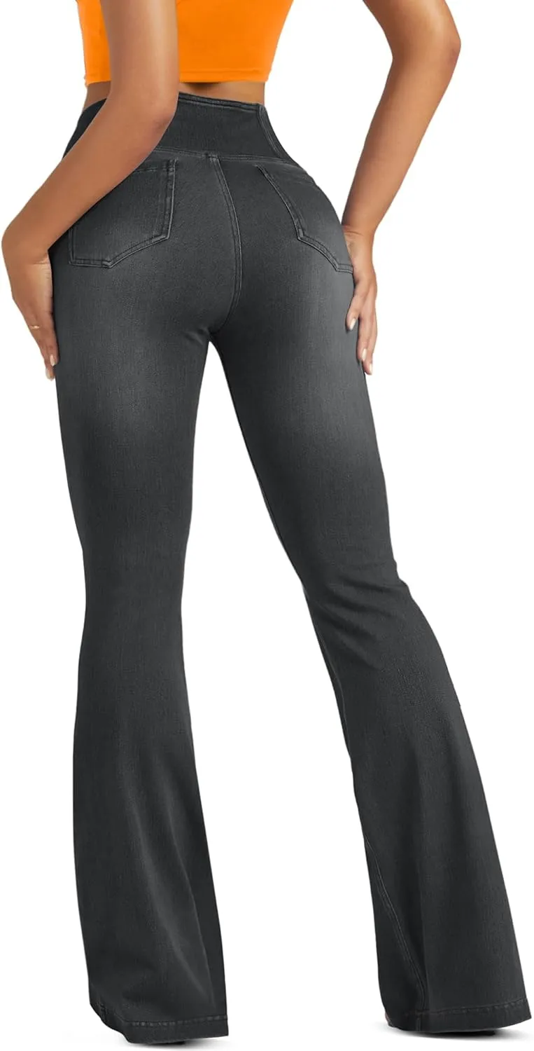 Knit Stretchy Jean Leggings for Women with Crossover High Waisted Bell Bottom Yoga Pants Flare Leggings with Pockets