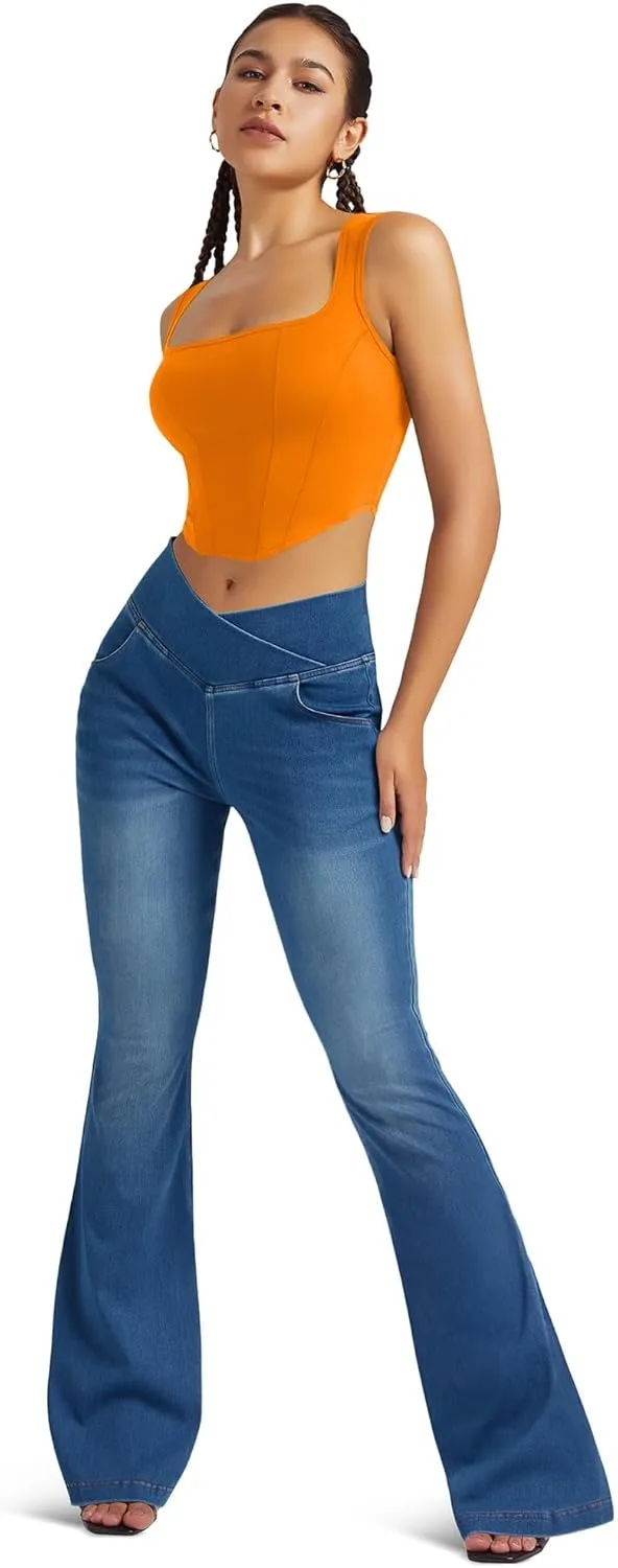 Knit Stretchy Jean Leggings for Women with Crossover High Waisted Bell Bottom Yoga Pants Flare Leggings with Pockets