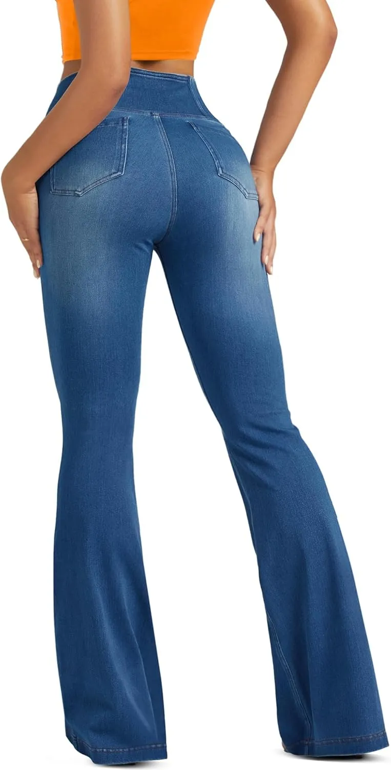Knit Stretchy Jean Leggings for Women with Crossover High Waisted Bell Bottom Yoga Pants Flare Leggings with Pockets