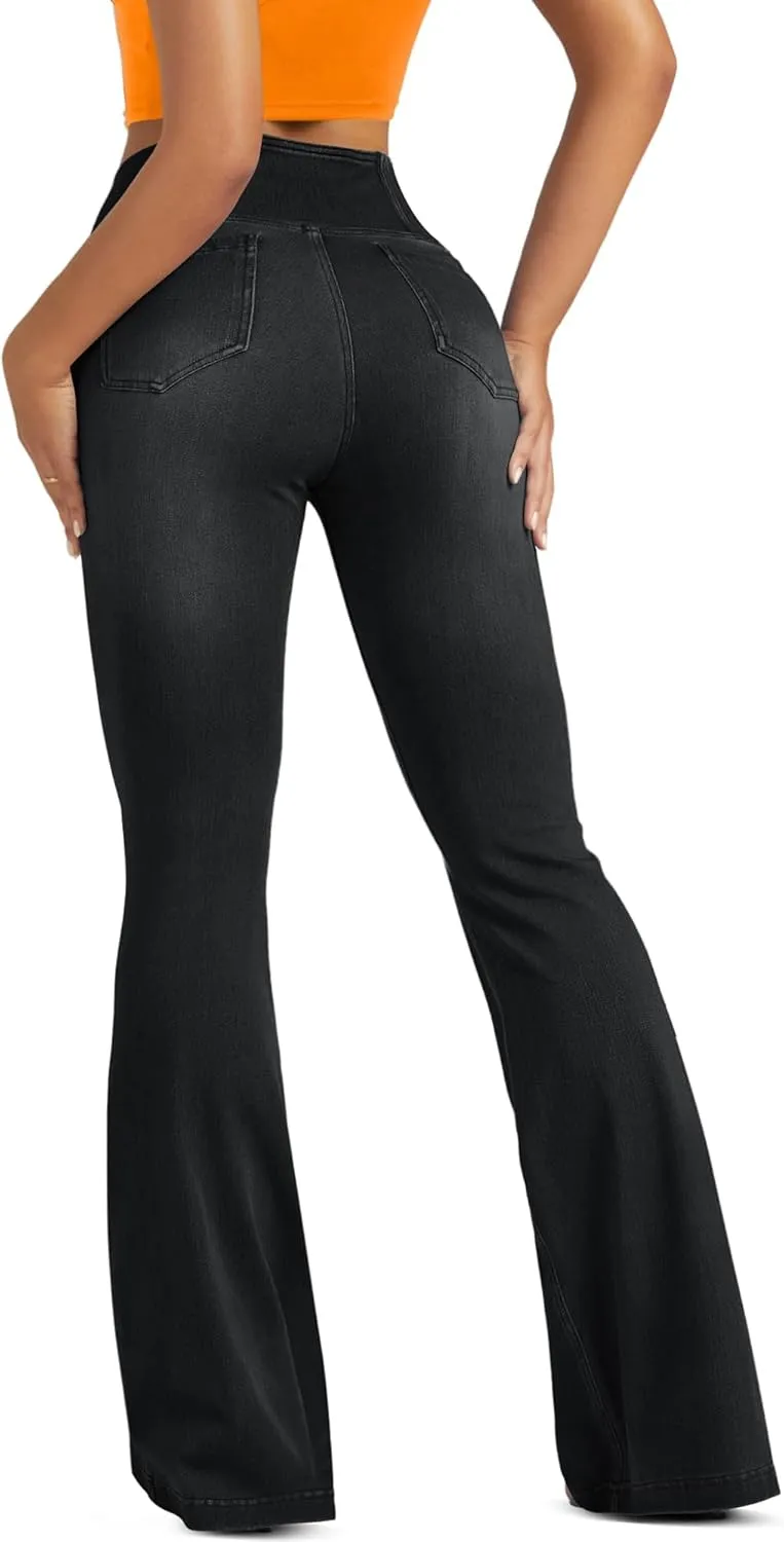 Knit Stretchy Jean Leggings for Women with Crossover High Waisted Bell Bottom Yoga Pants Flare Leggings with Pockets