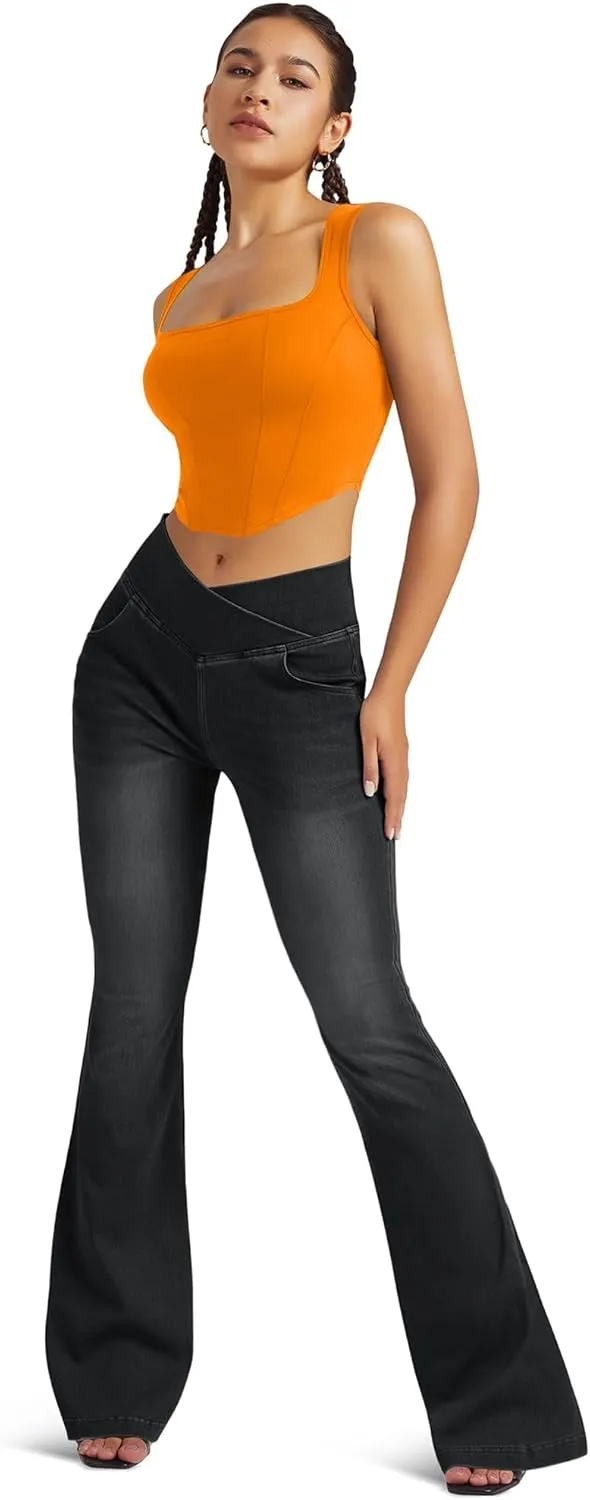 Knit Stretchy Jean Leggings for Women with Crossover High Waisted Bell Bottom Yoga Pants Flare Leggings with Pockets