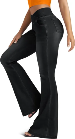 Knit Stretchy Jean Leggings for Women with Crossover High Waisted Bell Bottom Yoga Pants Flare Leggings with Pockets