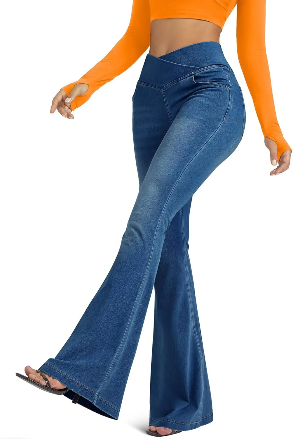 Knit Stretchy Jean Leggings for Women with Crossover High Waisted Bell Bottom Yoga Pants Flare Leggings with Pockets
