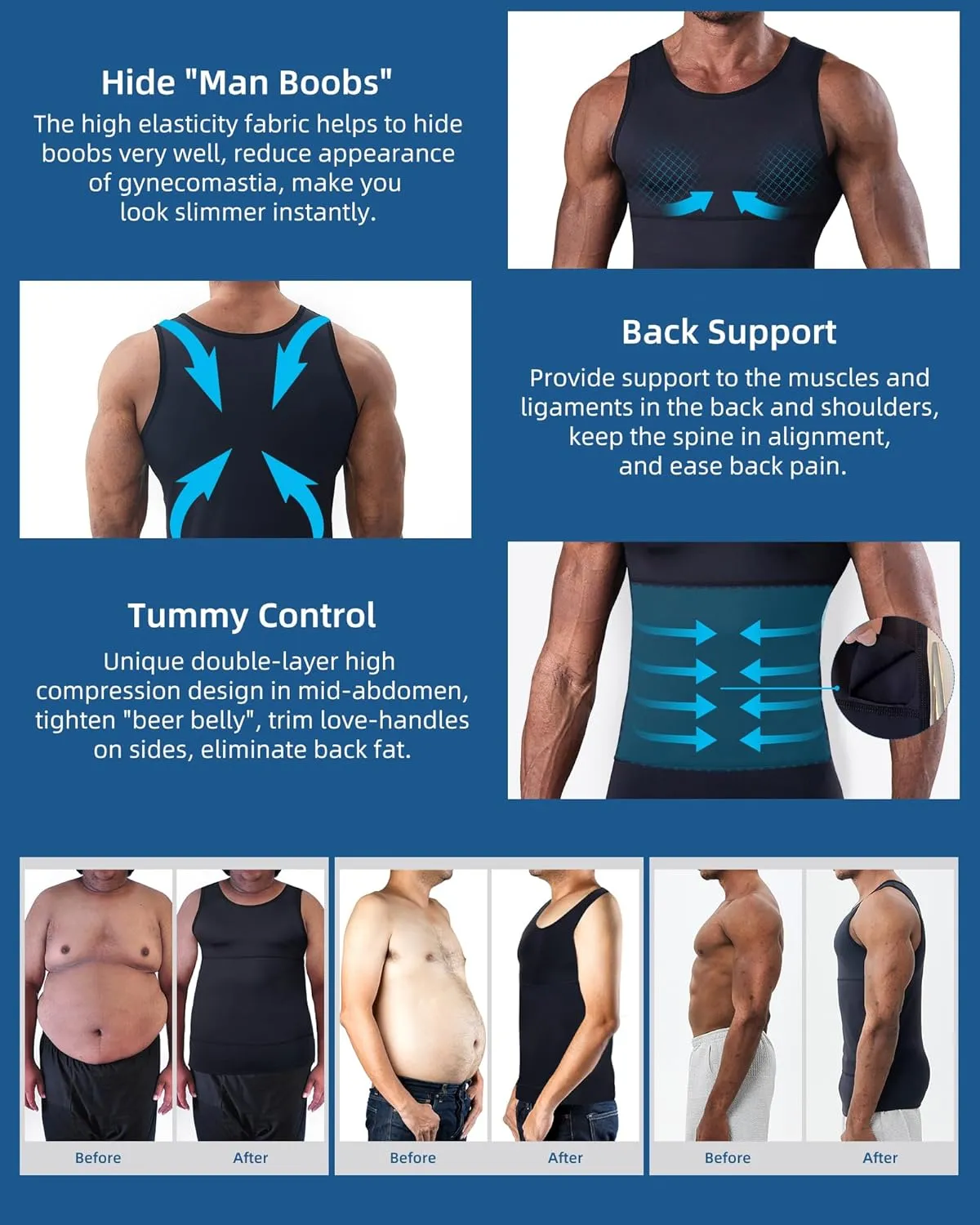 KOCLES Compression Shirt Men Slimming Undershirt Body Shaper Vest, Gynecomastia Compression Tank Top, Shapewear Tummy Control