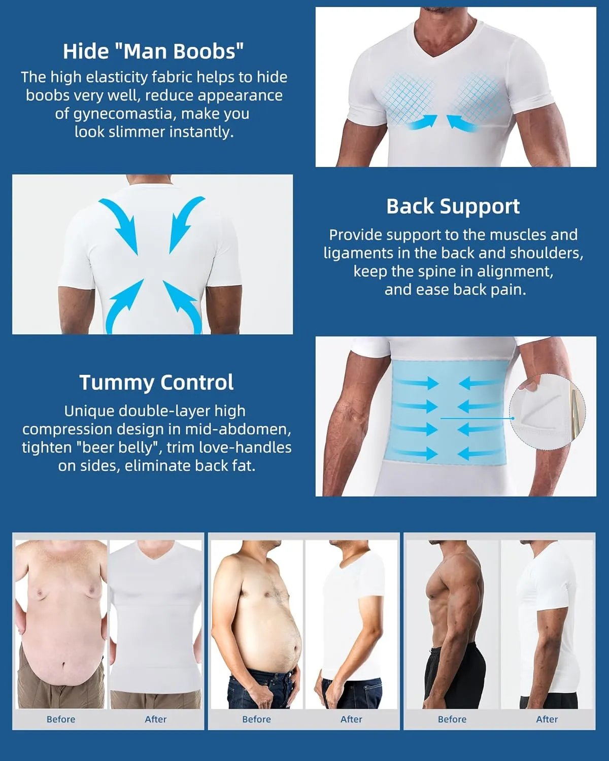 KOCLES Gynecomastia Undershirt V-Neck Chest Compression Shirt for Men Slimming Undershirt Body Shaper Shapewear