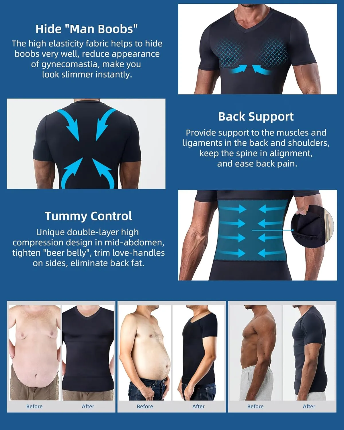 KOCLES Gynecomastia Undershirt V-Neck Chest Compression Shirt for Men Slimming Undershirt Body Shaper Shapewear