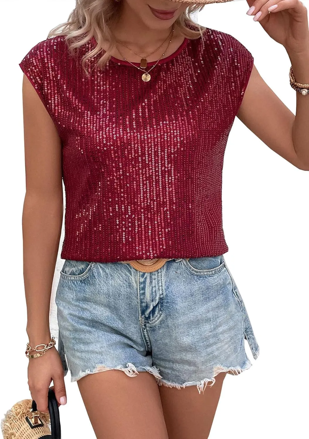 KOJOOIN Sequin Tops for Women Crewneck Sleeveless Sparkly Sexy Crop Tank Top Clubwear Camisole Vest