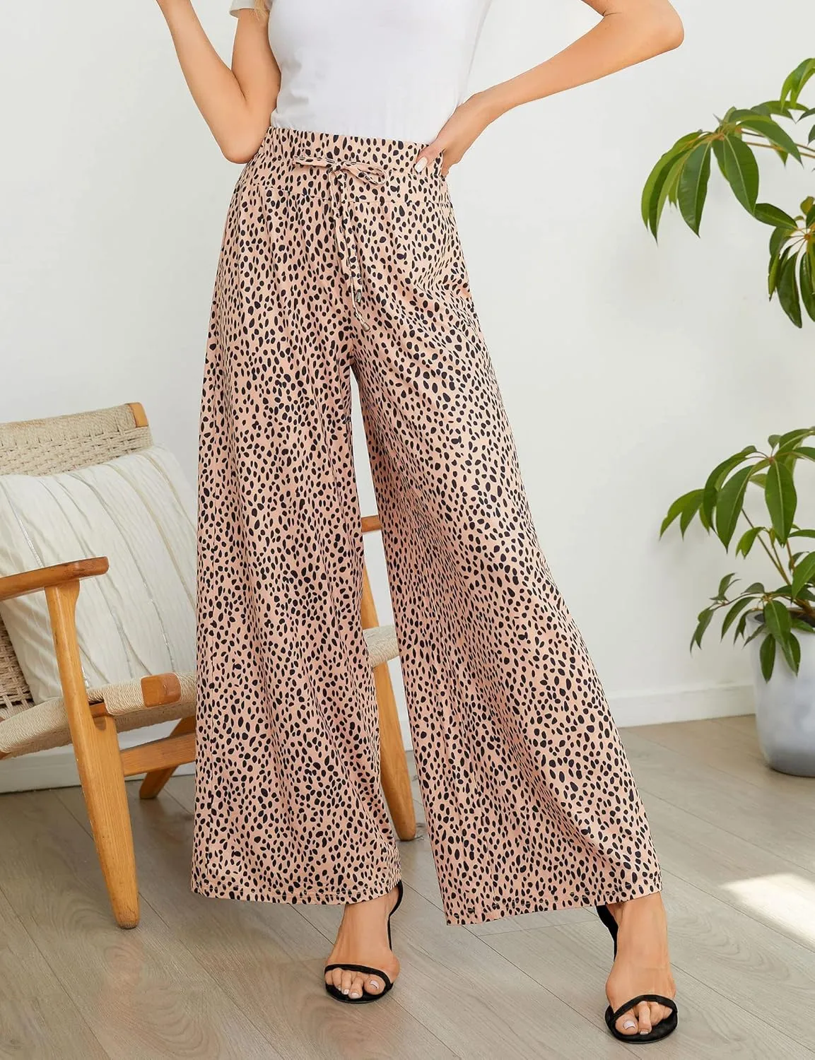 KOJOOIN Women's Wide Leg Pants Casual Palazzo Summer Flowy Pants Elastic High Waist Lounge Drawstring Long Trousers for Women