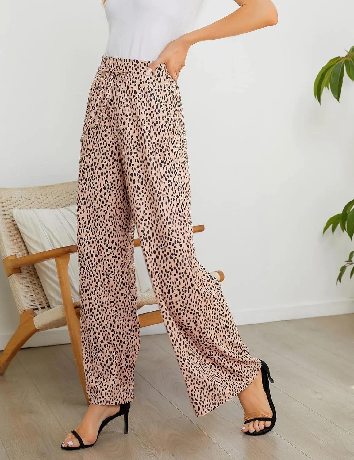 KOJOOIN Women's Wide Leg Pants Casual Palazzo Summer Flowy Pants Elastic High Waist Lounge Drawstring Long Trousers for Women