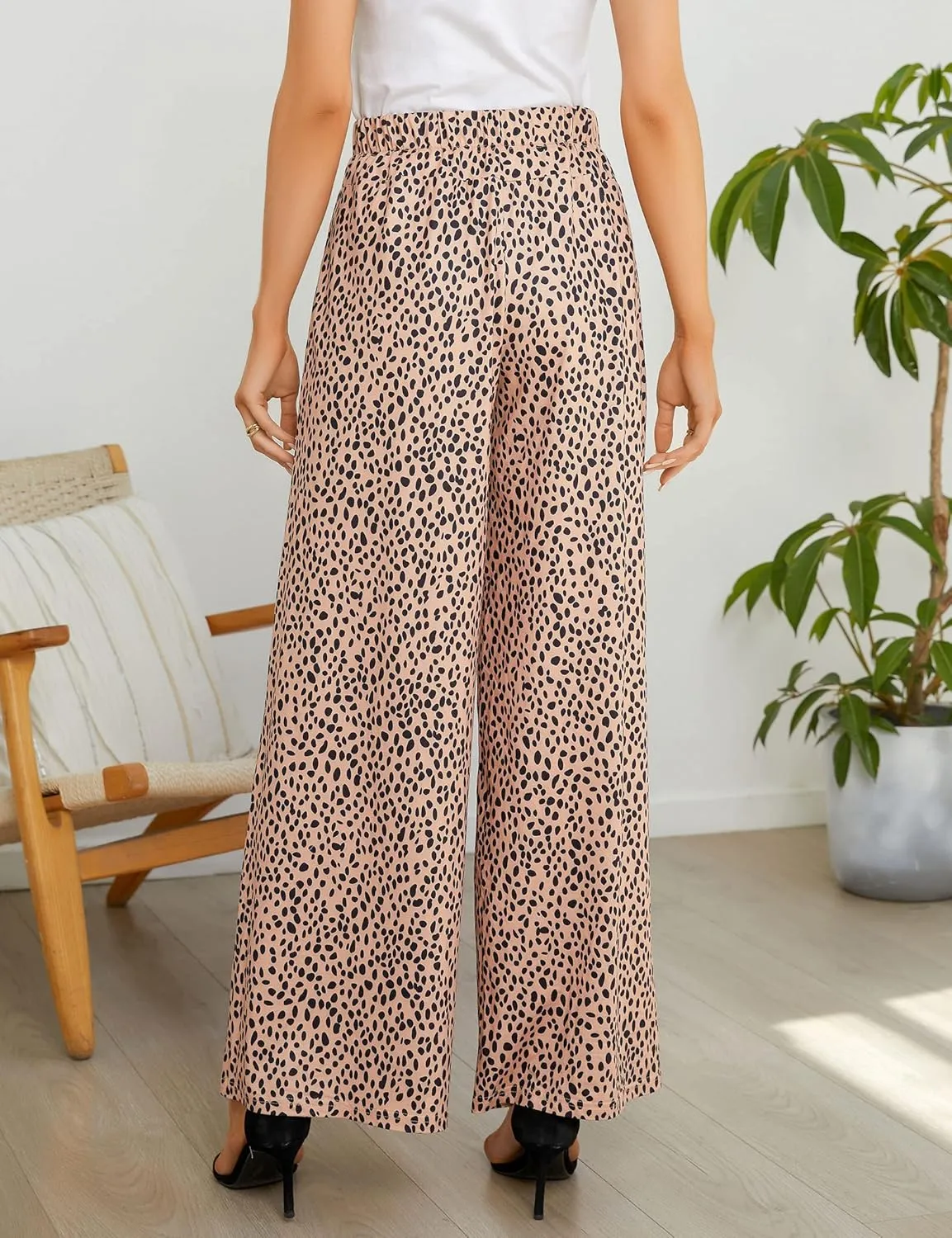 KOJOOIN Women's Wide Leg Pants Casual Palazzo Summer Flowy Pants Elastic High Waist Lounge Drawstring Long Trousers for Women