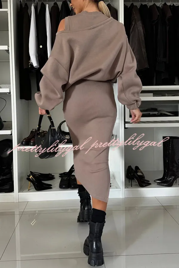 Lifestyle Wide Neck Relaxed Sweatshirt and Ribbed Tank Stretch Midi Dress Set