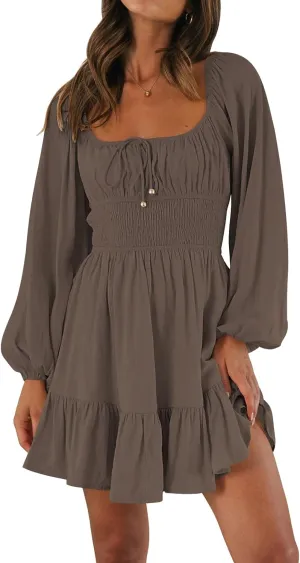 LILLUSORY Women's Long Sleeve Mini Cottagecore Dresses 2025 Summer Square Neck Casual Flowy Short Dress Spring Outfits