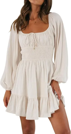 LILLUSORY Women's Long Sleeve Mini Cottagecore Dresses 2025 Summer Square Neck Casual Flowy Short Dress Spring Outfits