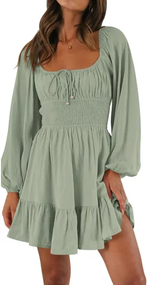 LILLUSORY Women's Long Sleeve Mini Cottagecore Dresses 2025 Summer Square Neck Casual Flowy Short Dress Spring Outfits