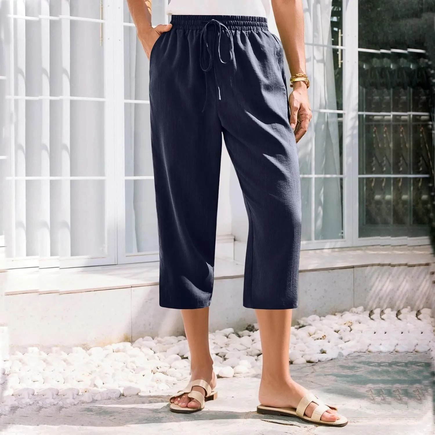 Linen Capri Pants for Women Casual Summer Elastic Waist Tapered Straight Leg Pants Cropped Beach Trousers with Pockets