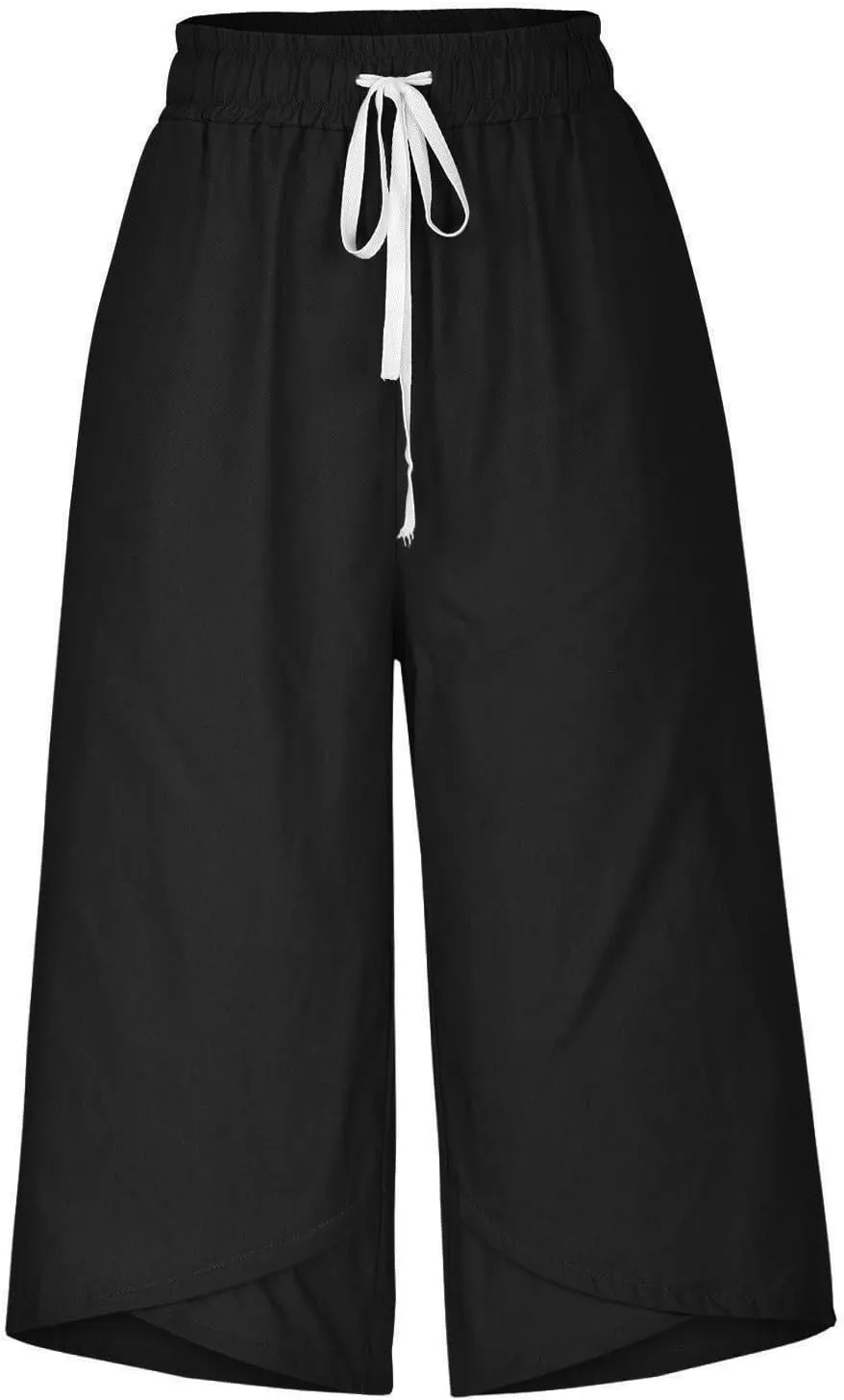 Linen Capri Pants for Women Casual Summer Solid Loose Outdoor Drawstring Pants with Pockets Trendy Summer Trousers