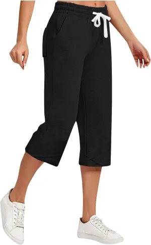 Linen Capri Pants for Women Casual Summer Solid Loose Outdoor Drawstring Pants with Pockets Trendy Summer Trousers