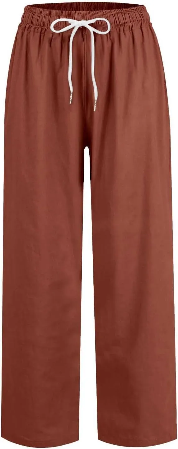 Linen Capri Pants Women Summer Wide Leg Cropped Pants Loose Cotton Ankle Trousers Elastic High Waist Workout Pants